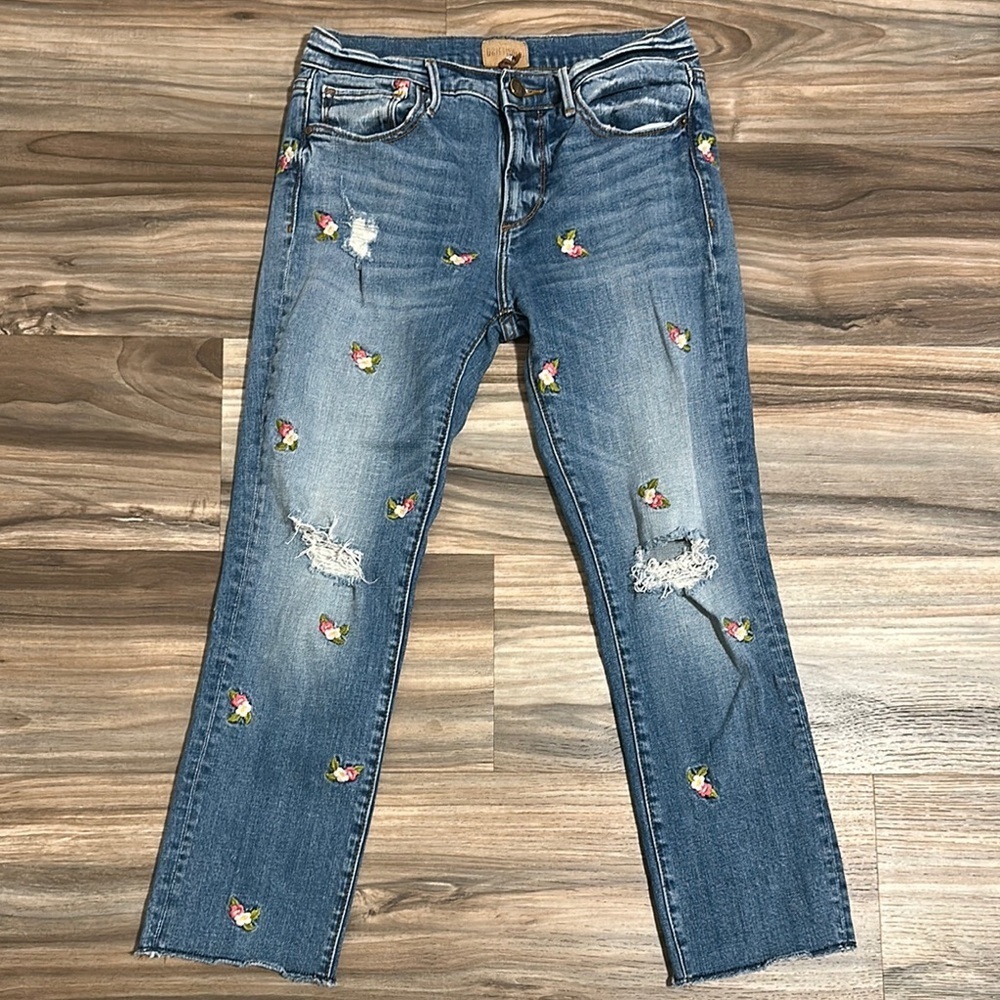 DRIFTWOOD Size 27 CANDACE Floral Embroidered Skinny Crop Raw Hem Jeans